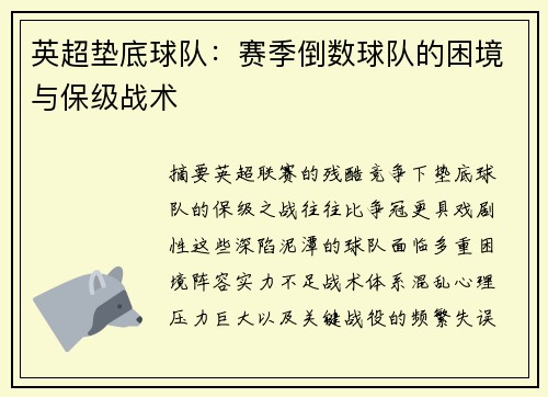 英超垫底球队：赛季倒数球队的困境与保级战术