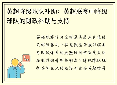 英超降级球队补助：英超联赛中降级球队的财政补助与支持